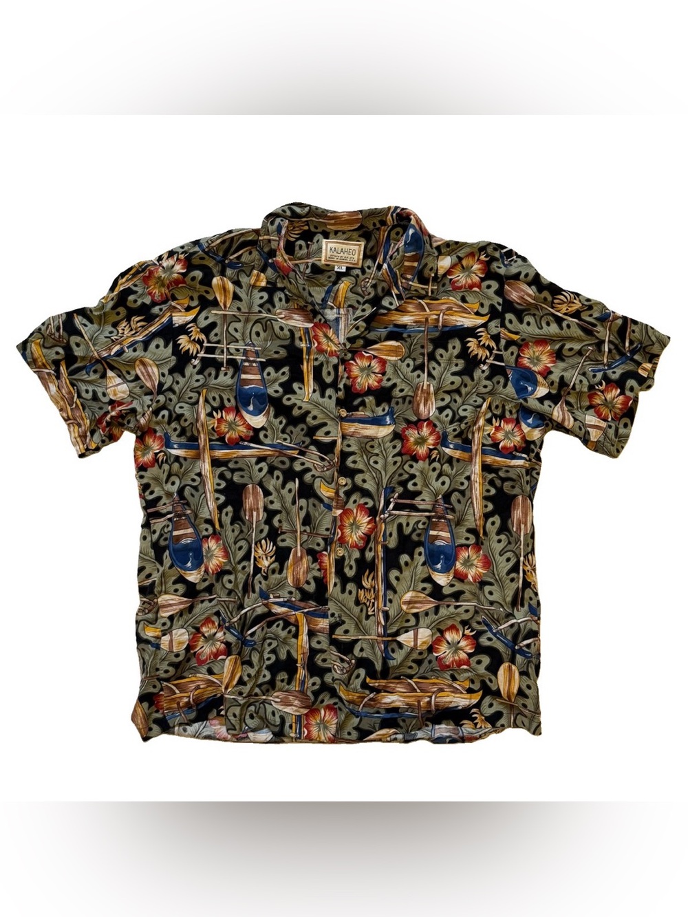 Kalaheo Black Floral Canoe-Print Hawaiian Shirt - Men